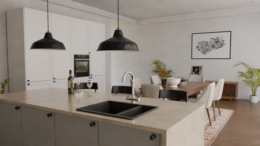 A kitchen with a center island with a sink